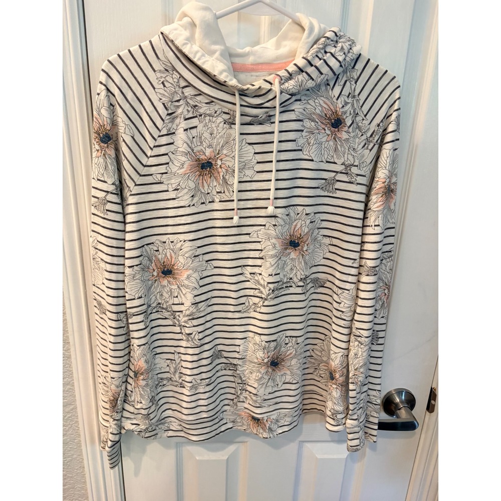 Joules Marlston Hoodie Cream Navy Floral Stripe Raglan Pullover Sweatshirt US 12